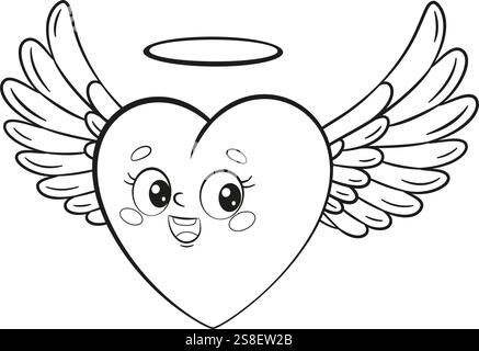 Personaggio Flying Heart con ali e doodle in stile alone disegnato a mano in bianco e nero con logo isolato carino Flying Heart. Angel Heart con ali per il web graphic design pagina da colorare illustrazione vettoriale Illustrazione Vettoriale