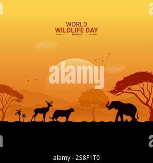 Design creativo del World Wildlife Day. Illustrazione vettoriale del poster sui social media della giornata della fauna selvatica. Illustrazione Vettoriale