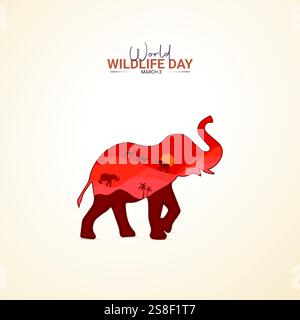 Design creativo del World Wildlife Day. Illustrazione vettoriale del poster sui social media della giornata della fauna selvatica. Illustrazione Vettoriale