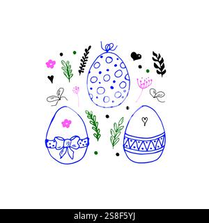 Set di uova di pasqua. Delinea schizzi decorativi uova di pasqua e foglie per regali e biglietti. Illustrazione vettoriale disegnata a mano Illustrazione Vettoriale