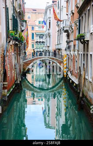 Tour in gondola a Venezia. Scena del canale. I turisti si godono un giro in gondola durante il Carnevale. Bandiere sulle case - veneziane, francesi. Venezia, Italia Foto Stock