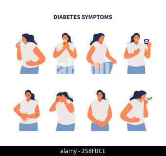 Ragazza malata che soffre di sintomi del diabete. Illustrazione vettoriale Illustrazione Vettoriale