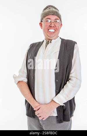 Un sorriso sfacciato da una caricatura comica di un personaggio inglese del paese rurale. Foto Stock