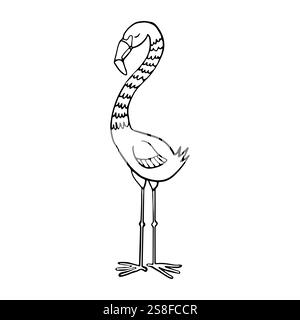 Un disegno minimalista in bianco e nero di un elegante fenicottero alto con il suo collo ricurvo e le gambe sottili, che mostra la graziosa a dell'uccello Illustrazione Vettoriale
