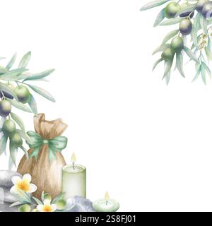 Rami d'ulivo, candele, sacco con sale marino, ciottoli e fiori plumeria. Cornice quadrata isolata ad acquerello disegnata a mano con spazio copia di cosmetici ecologici per la cura della pelle per il design spa. Foto Stock