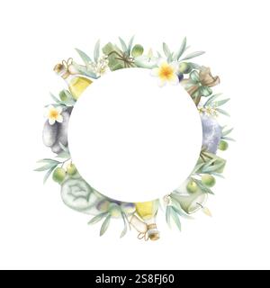 Olio d'oliva, rami e sapone di aleppo, sacco con sale marino, candele, ciottoli, asciugamano e fiore di plumeria. Ghirlanda rotonda isolata ad acquerello disegnata a mano con spazio di copia. Cornice per spa o design zen. Foto Stock