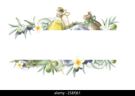 Olio d'oliva, rami e sapone di aleppo, sacco con sale marino, candele, ciottoli, asciugamano e fiore di plumeria. Cornice orizzontale isolata ad acquerello disegnata a mano con spazio di copia. Per il certificato spa o zen. Foto Stock