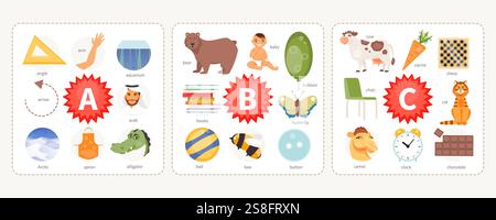 Tessere didattiche con parole e immagini alle lettere A, B, C. alfabeto per bambini. Illustrazione vettoriale Illustrazione Vettoriale