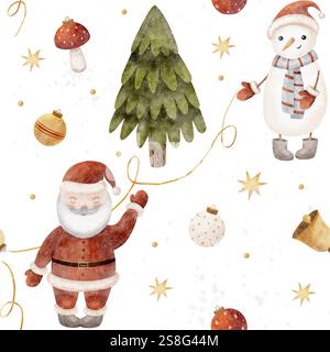 Acquerello babbo natale, pupazzo di neve, albero di natale. campana, palla, fungo. L'illustrazione è visibile su sfondo bianco. Stampa di Capodanno per tessuti Foto Stock