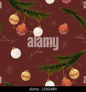 Ramo di abete con motivo ad acquerello senza cuciture e palline di natale. Illustrazione natalizia su sfondo Bordeaux. Stampa perfetta per le vacanze per i tessuti Foto Stock