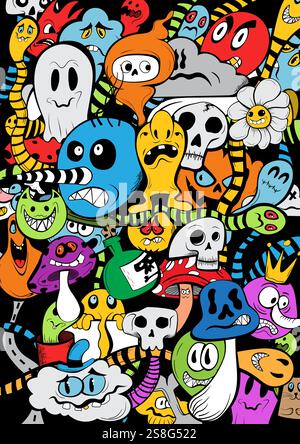 Modello Doodle con mostri di colore diverso. Illustrazione Vettoriale