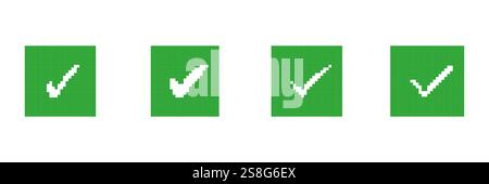 Icone con segno di spunta verde pixellato impostate in forma quadrata. Raccolta dei simboli di approvazione o successo. Convalida e firma di conferma. Vettore isolato Illustrazione Vettoriale