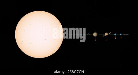 Sistema solare, pianeti in fila. Sole, mercurio, Venere, Terra, Marte, Giove, Saturno, Urano, Nettuno. Foto Stock