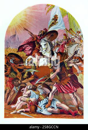 Illustrazione di Giosuè che comanda al Sole di stare fermo dall'Antico XIX secolo la Bibbia della famiglia illustrata Nazionale - la Sacra Bibbia con commento Foto Stock