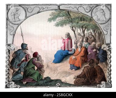 Illustrazione di Gesù Cristo sermone sul Monte (Vangelo di Matteo) che insegna i suoi discepoli dall'edizione 1850 della vita di Cristo di Fleetwood - la vita Foto Stock