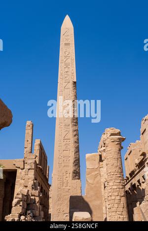 L'antico obelisco egizio coperto di geroglifici si erge alto contro un cielo azzurro, circondato dalle rovine del tempio di Karnak Foto Stock