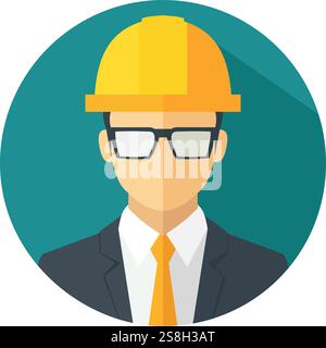 Illustrazione vettoriale di un ingegnere che indossa elmetto e occhiali gialli, che simboleggia l'esperienza tecnica, la sicurezza, la costruzione Illustrazione Vettoriale