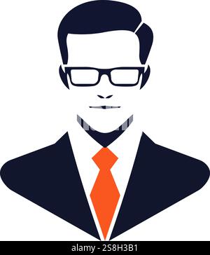 Illustrazione vettoriale di un uomo d'affari in tuta e occhiali, con un look sicuro, simbolo di professionalità e leadership Illustrazione Vettoriale