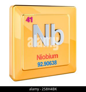 Niobio NB, segno dell'elemento chimico con il numero 41 nella tavola periodica. Rendering 3D isolato su sfondo bianco Foto Stock