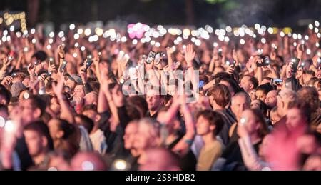 Molte persone sollevano la mano e tengono la luce flash del telefono cellulare. Torce a onda della folla di ventole. Atmosfera da concerto con musica dal vivo. Grande arena all'aperto. Lituania, V Foto Stock