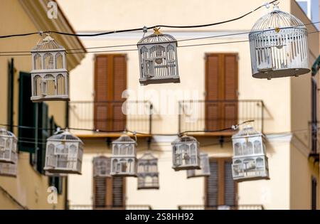 Gabbia per uccelli con lampadine su linee elettriche tra case sopra la strada, centro storico, Alghero, Europa, Provincia di Sassari, Italia Foto Stock