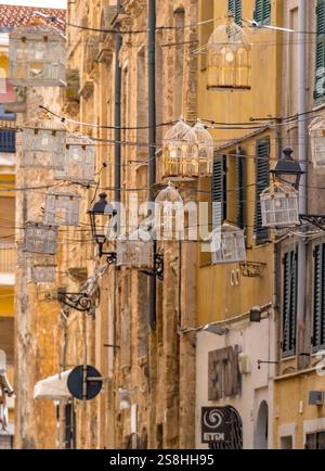 Gabbia per uccelli con lampadine su linee elettriche tra case sopra la strada, centro storico, Alghero, Europa, Provincia di Sassari, Italia Foto Stock