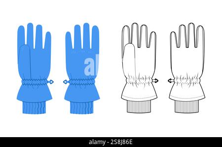 Guanti da sci Igloos Insulated Core Blue Cartoon and flat mockup sketch accessori moda indumenti per illustrazione tecnica. Modello CAD piatto Vector for Men, donna su sfondo bianco Illustrazione Vettoriale