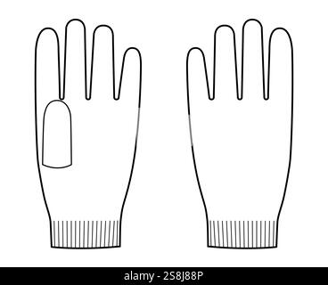 Guanti in lana a maglia corta accessori per mano moda indumenti per illustrazione tecnica. Vista posteriore del palmo frontale vettoriale per uomo donna, modello piatto unisex, contorno schizzo modello CAD Illustrazione Vettoriale