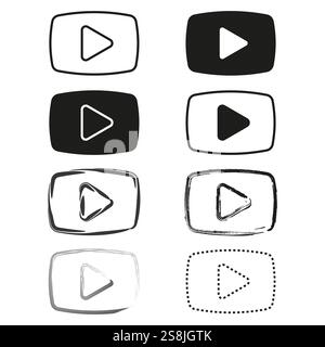 Icona del pulsante di riproduzione. Simbolo del supporto video. Forme disegnate a mano. Set vettoriale minimo. Illustrazione Vettoriale
