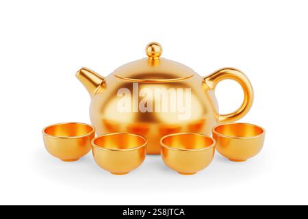 Set da tè Chenese Golden con teiera e tazze su sfondo bianco. Rendering 3d. Foto Stock