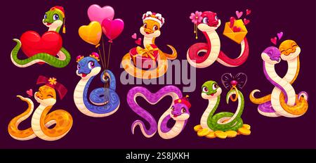 San Valentino carino divertente serpente personaggi con amore e cuori e... Set vettoriale di rettili cartoni animati trasudano romantiche emozioni festive, festeggiando con Illustrazione Vettoriale