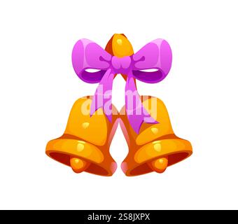 Matrimonio o matrimonio e San Valentino simbolo di campane dorate, vettore di cartoni animati. Campane nuziali con nastro rosa per vacanze d'amore o matrimoni e uomini d'affari Illustrazione Vettoriale