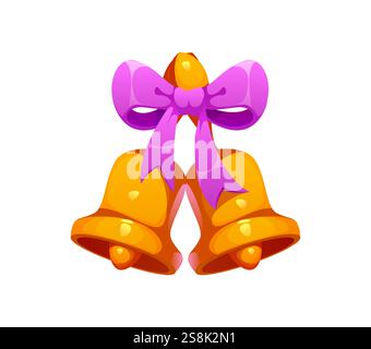 Matrimonio o matrimonio e San Valentino simbolo di campane dorate, vettore di cartoni animati. Campane nuziali con nastro rosa per vacanze d'amore o matrimoni e uomini d'affari Illustrazione Vettoriale