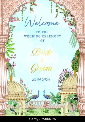 Elegante cornice ad arco Mughal con colonne intricate, pavoni vivaci e lussureggianti dettagli floreali. può essere utilizzato come bacheca di benvenuto, inviti di nozze, ecc. Illustrazione Vettoriale