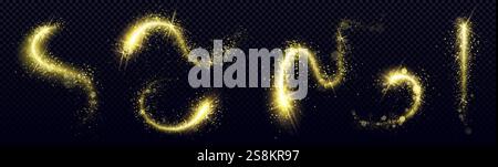 Il glitter oro ruota con un effetto brillante e magiche particelle di polvere. Sentieri curvi scintillanti con sentieri luminosi e stelle scintillanti per decorazioni natalizie o elementi di design fantasia. Illustrazione Vettoriale