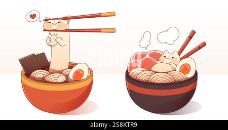 Simpatici gatti dei cartoni animati trasformati in ingredienti di ramen: Felino che emerge dai tagliatelle con bacchette, piccolo animale domestico che riposa sulla fetta di carne fumante. Ciotole di cibo giapponese ripiene di uova, naruto swirls. Illustrazione Vettoriale