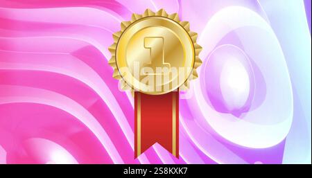Immagine della medaglia d'oro con il numero 1 e il nastro rosso sullo sfondo del contorno rosa in movimento Foto Stock