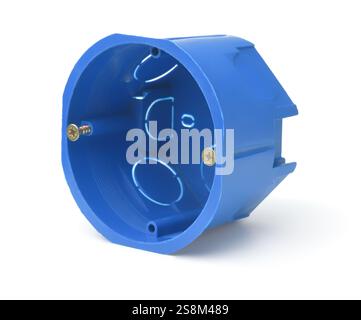 Scatola elettrica rotonda in plastica per montaggio a parete blu isolata su bianco Foto Stock