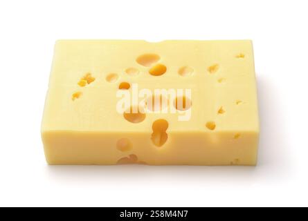 Pezzo quadrato di formaggio Maasdam isolato su bianco Foto Stock