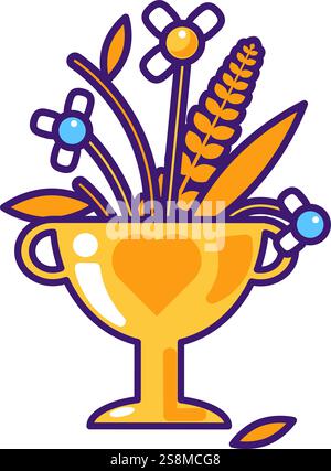 Illustrazione grafica vettoriale di un bouquet di fiori autunnali in un vivace stile cartoni animati. Il bouquet è ospitato all'interno di un calice dorato. Fugace Illustrazione Vettoriale