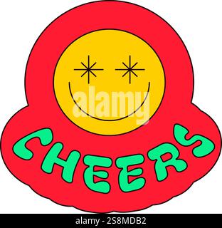 Divertente emoji giallo con occhi luminosi sul rosso. Velcro di Capodanno per un pacchetto di adesivi o un buono regalo in vecchio stile del 2000. Adesivo retro Cartoon Y2K sul retro bianco Illustrazione Vettoriale