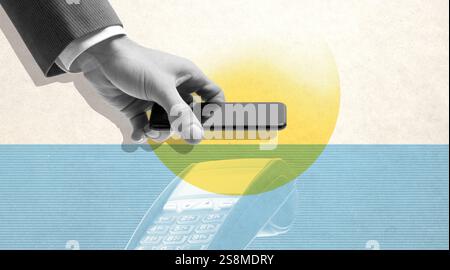Uomo che tiene il suo smartphone su un terminale POS e paga, pagamenti mobili NFC, design creativo del collage Foto Stock