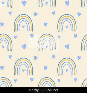 Fantasia Sweet Dreams in colori tenui e calmi con arcobaleni e cuori, sfondo per tessuti, design per bambini, biancheria pastello. Illustrazione vettoriale Illustrazione Vettoriale