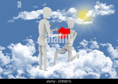 3D'illustrazione. Dichiarazione di amore in Cielo tra le nuvole. Il mio ragazzo offre il cuore il giorno di San Valentino. Foto Stock