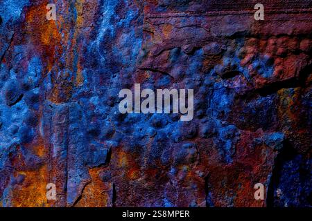Vibrante texture astratta con sfumature blu e arancio su una superficie ruvida, che evoca ispirazione creativa e artistica mentre mostra la bellezza di un Foto Stock