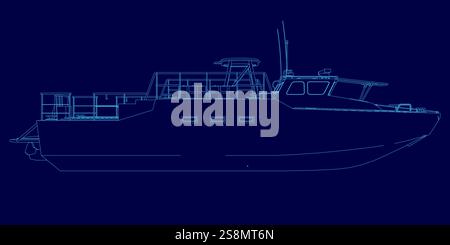 Profilo blu della barca. L'imbarcazione è mostrata in un disegno blu Illustrazione Vettoriale