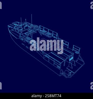 Profilo blu della barca. L'imbarcazione è mostrata in un disegno blu Illustrazione Vettoriale