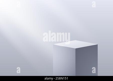 Piedistallo moderno a forma di cubo per la presentazione del prodotto su uno sfondo minimalista vuoto con luce solare dalla finestra. Illustrazione vettoriale 3D. Illustrazione Vettoriale