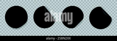 Adesivi rotondi neri. Adesivi circolari di carta realistici con bordo piegato di colore nero. Etichetta prezzo vuota, badge adesivo sconto mockup 3D. Set di template isolati vettoriali. Illustrazione Vettoriale