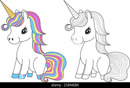 unicorn per libro da colorare per bambini, personaggio, vettore Illustrazione Vettoriale